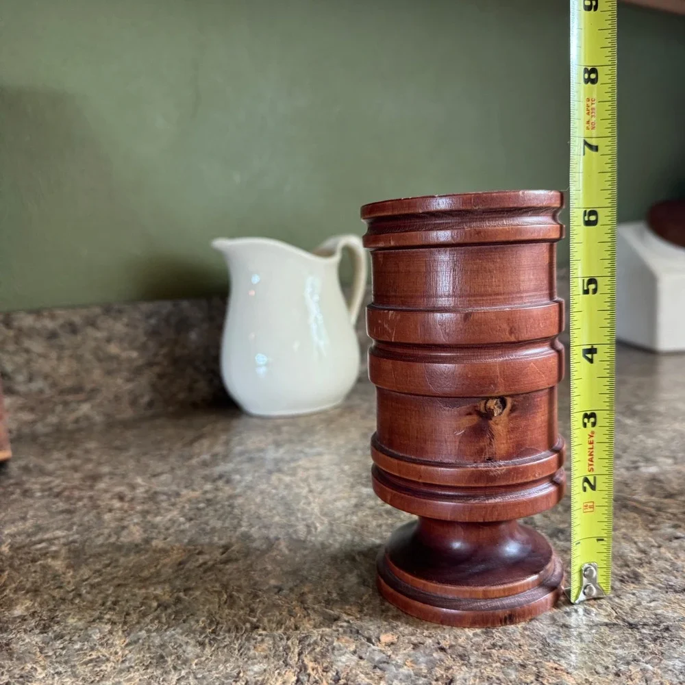 Vintage Hand Turned Wooden Bud Vase Ribbed Tiered Pedestal Brown Farmhouse Decor